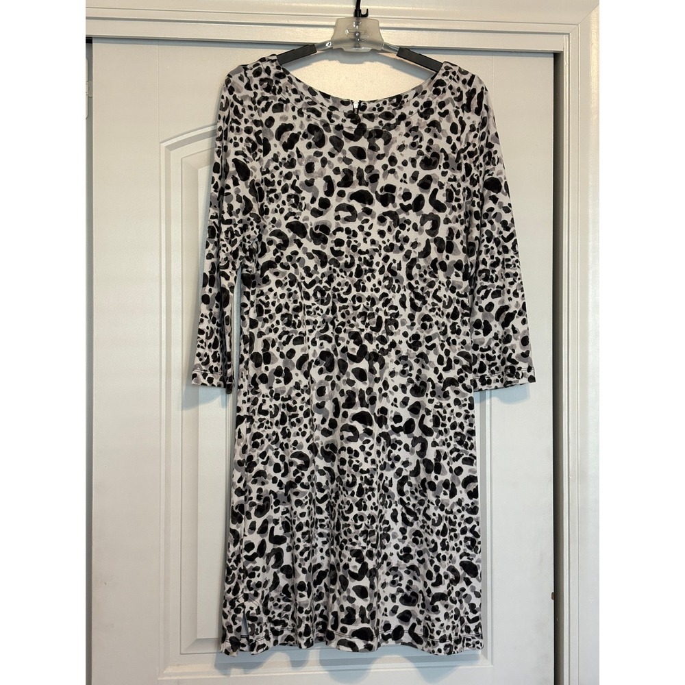Tommy Bahama Dress, Gray Black Leopard Print 3/4 Sleeve Shift Dress - Picture 3 of 10